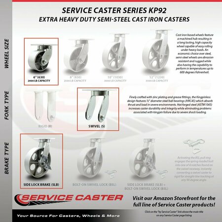 Service Caster 6'' Extra Heavy Duty Semi Steel Cast Iron Wheel Swivel Caster with Brake CRAN-SCC-KP92S630-SSR-SLB